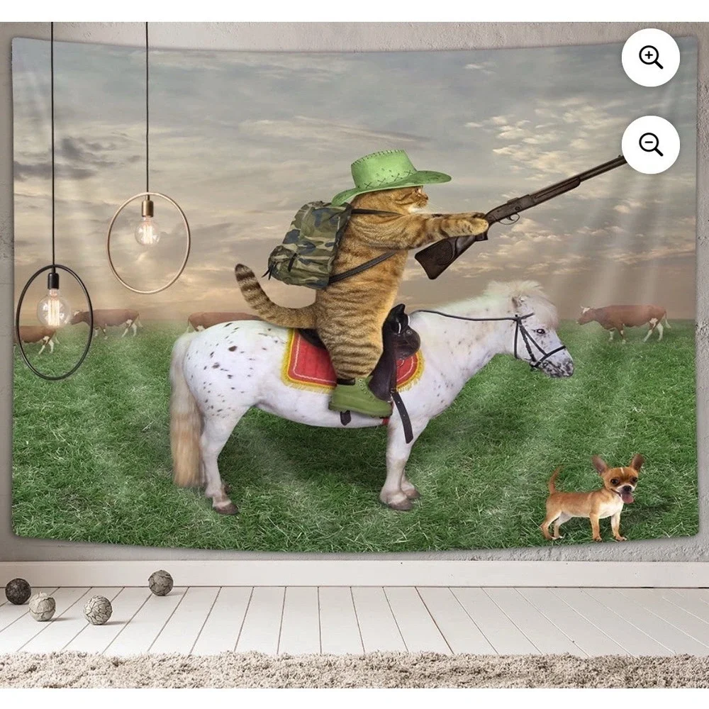 Funny Cat Cowboy Tapestry Mini Horse Animal Home Decor